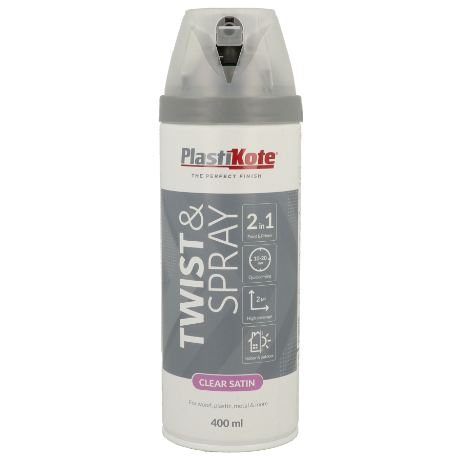 Plastikote Twist and Spray | 400ml Clear Acrylic | Satin Finish | 24001