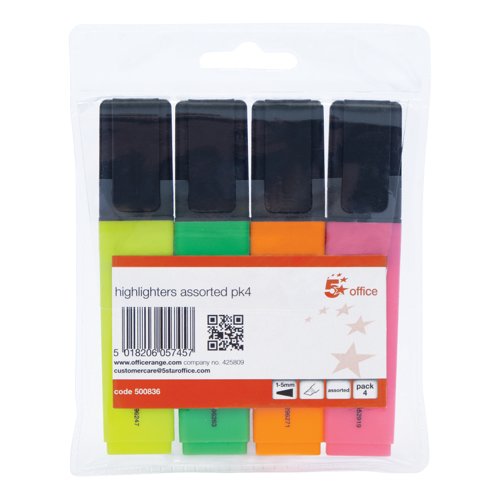 5 Star Highlighter Chisel Tip 1-5mm Line Assorted (Pack of 4) 500836