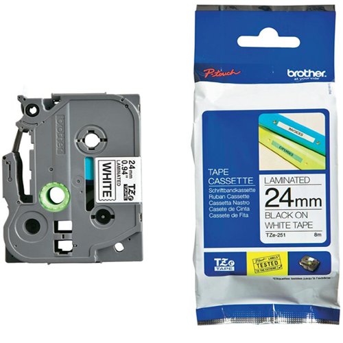 Brother P-Touch TZe Lam Tape Cassette 24mm x 8m Black on White Tape TZE251