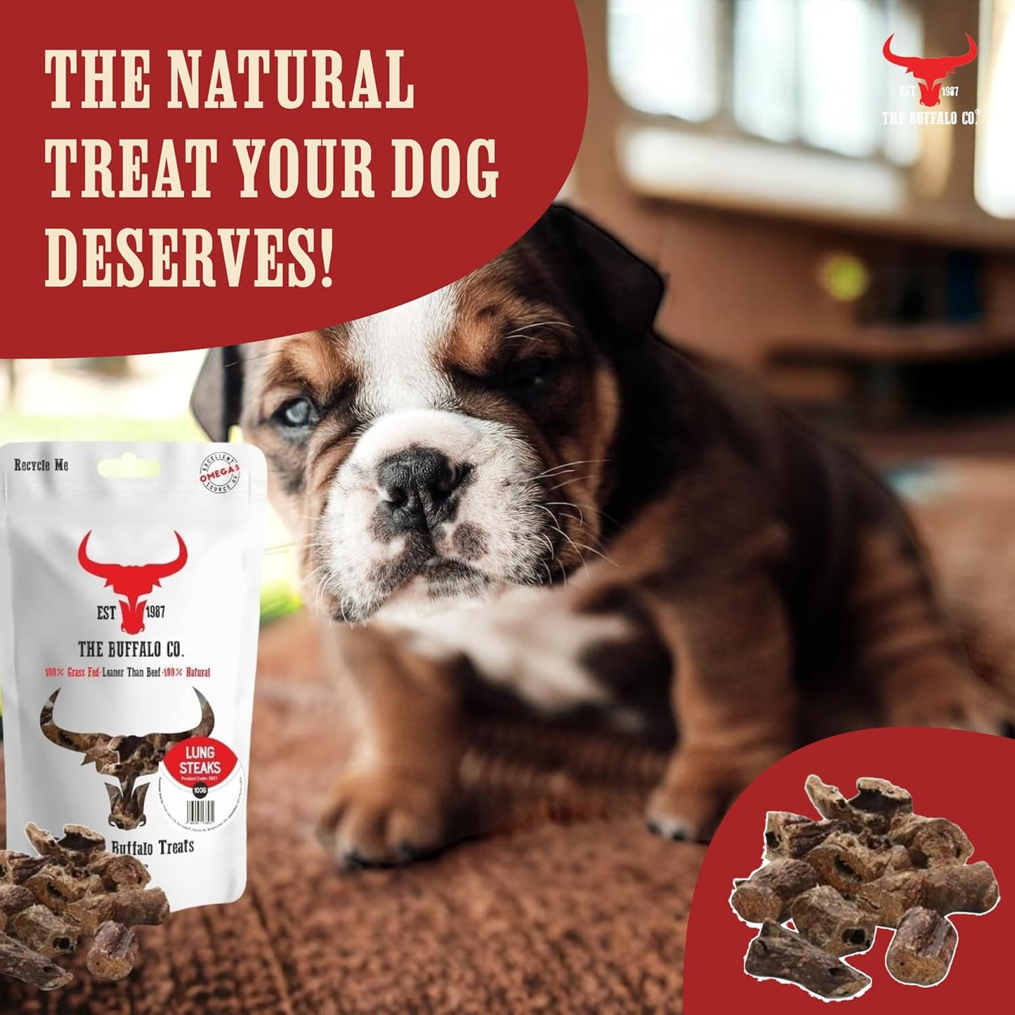 The Buffalo Co. Buffalo Lung Steaks for Dogs | 100% Natural | Dog treats | 1 x 100g