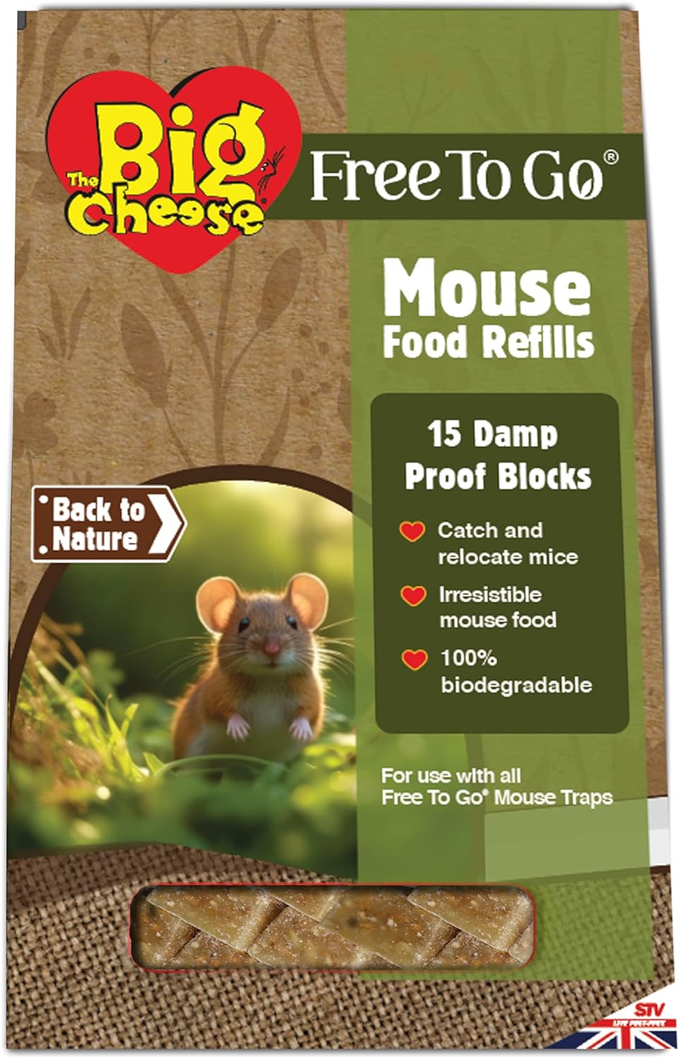 Big Cheese Free To Go Mouse Food Refills | 10g x 15| Poison Free Blocks | Catch and Release