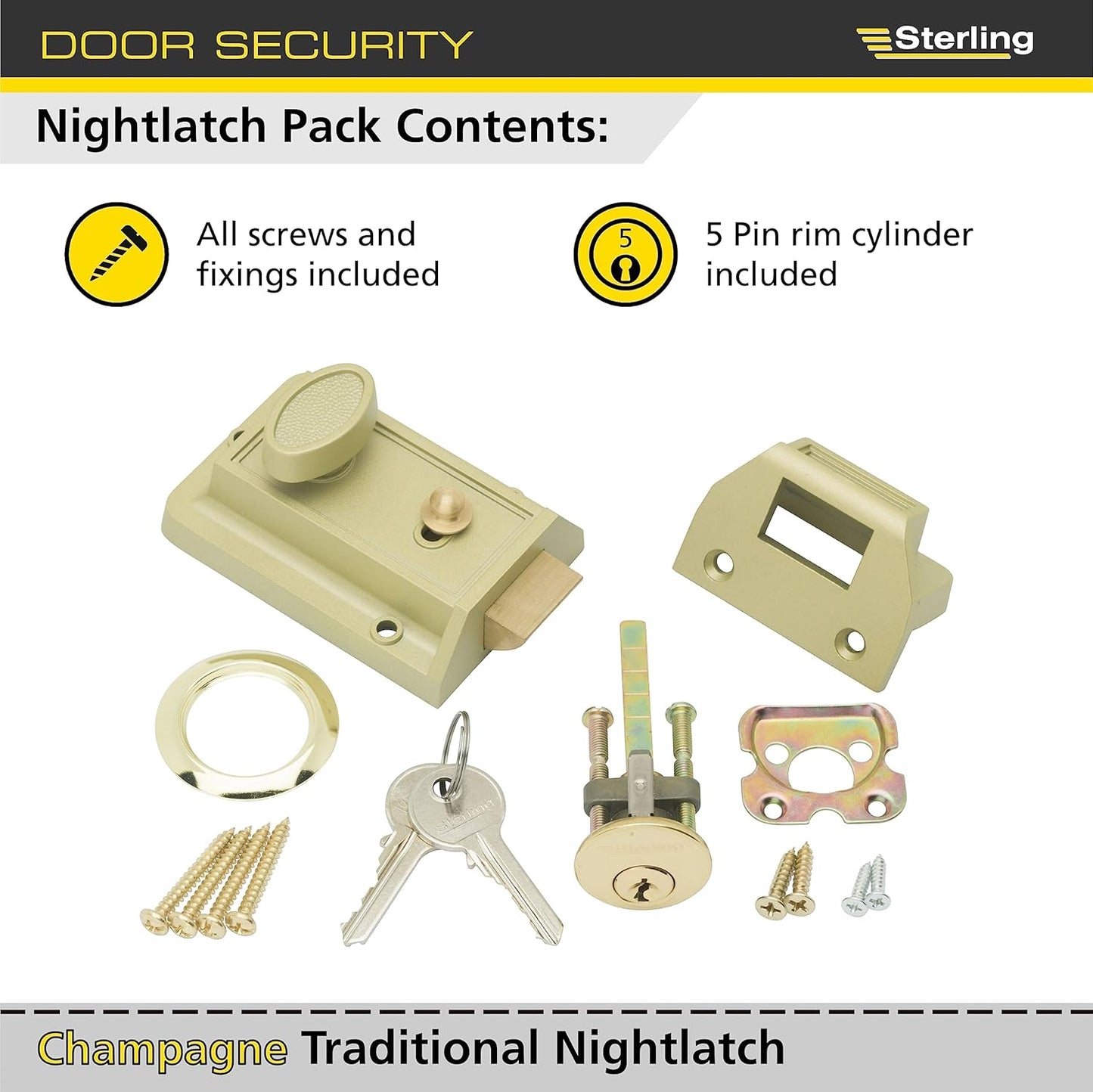 Sterling Standard Nightlatch | Left & righthanded Doors | Champagne | Full Pack | 2 keys | NLS10