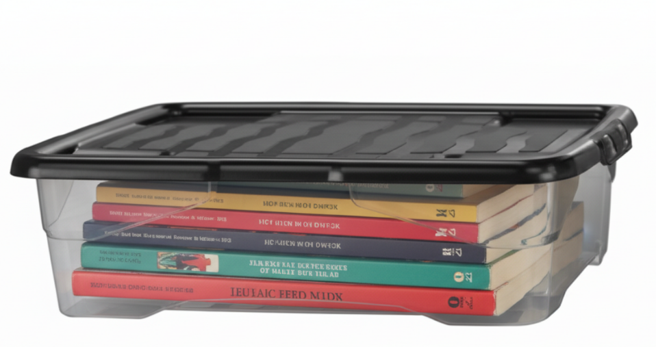 Strata Curve Clear Plastic Storage Box U/Bed 42 Litre (Black Lid) (HW209)