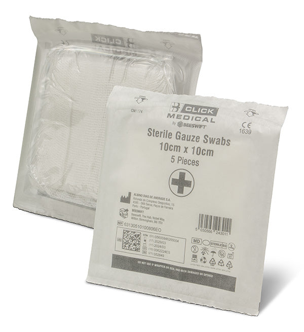 Click Medical Sterile Gauze Swabs 10cm X 10cm Pack Of 5 White Box 5's