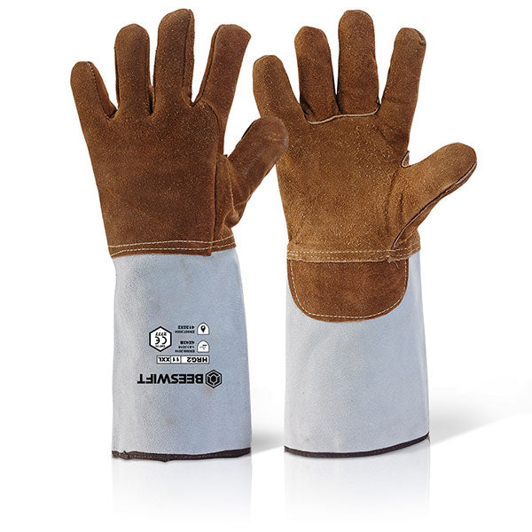 Beeswift High Quality Heat Resistant Guantlet Gloves 18" Brown Box 10's
