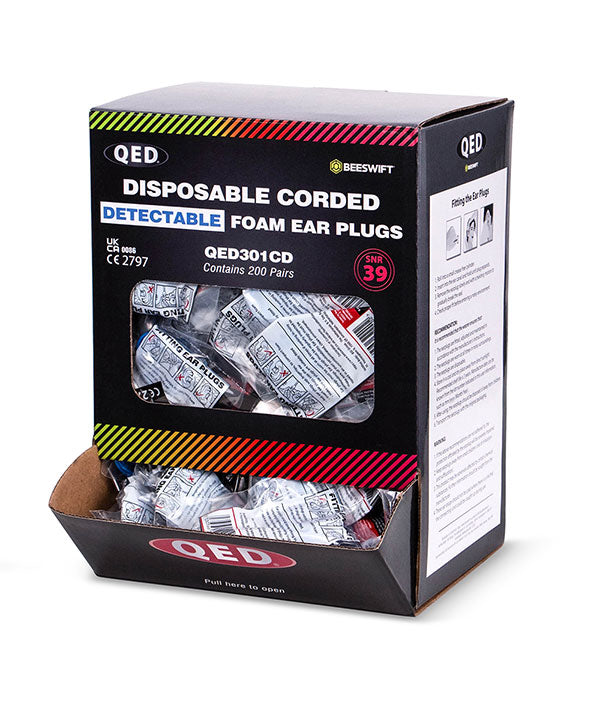 Beeswift Qed Disposable Foam Corded Detectable Ear Plugs Blue Box 200's