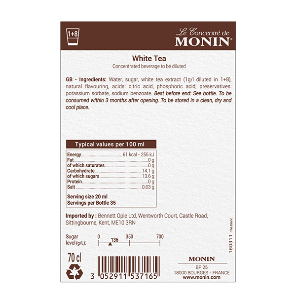 Monin White Tea Syrup 700ml (Glass)