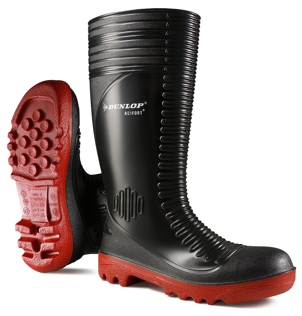 Dunlop Acifort Black & Red Ribbed Rubber Wellington Boots {All Sizes}
