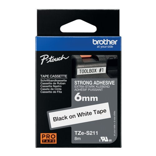 Brother P-Touch TZe Lam Tape Cassette 6mm x 8m Black on White Tape TZES211