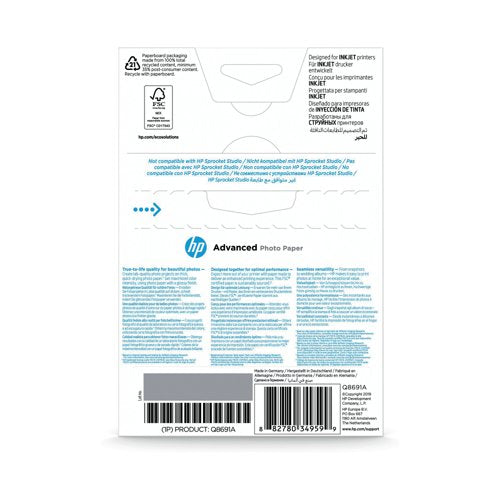 HP Advanced Glossy Photo Paper 10 x 15cm Borderless 250gsm Pk25 Q8691A