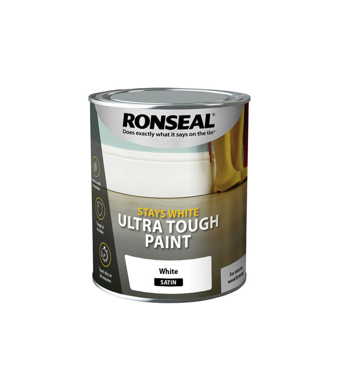 Ronseal Stays White | Ultra Tough Satin Paint | White | 750 ml