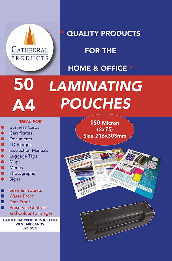 Cathedral Laminating Pouch A4 2x75 Micron Gloss (Pack 50) - LPA416050 - ONE CLICK SUPPLIES