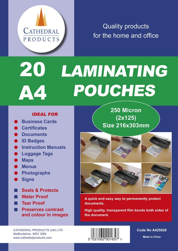 Cathedral Laminating Pouch A4 2x125 Micron Gloss (Pack 20) - LPA425020 - ONE CLICK SUPPLIES