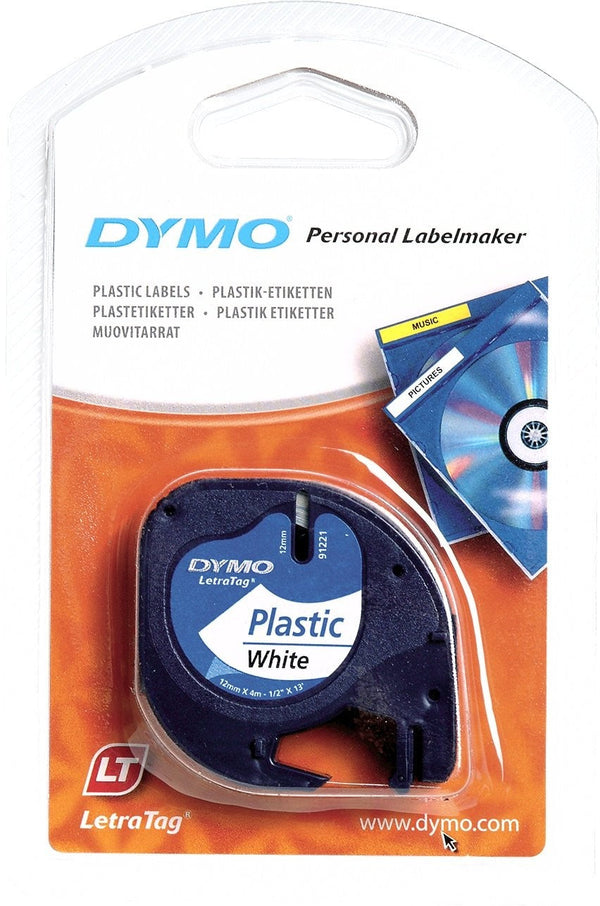 Dymo LetraTag Label Tape Plastic 12mmx4m Black on White - S0721660 - ONE CLICK SUPPLIES