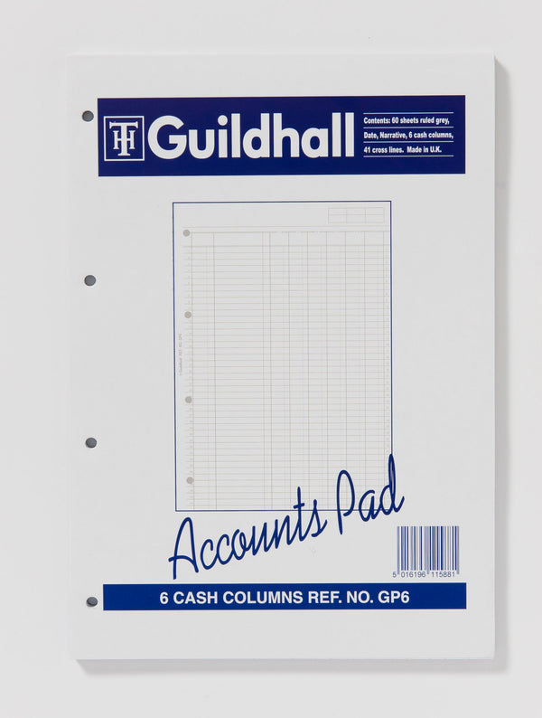 Guildhall A4 Ruled Account Pad with 6 Cash Columns and 60 Pages White GP6Z - ONE CLICK SUPPLIES