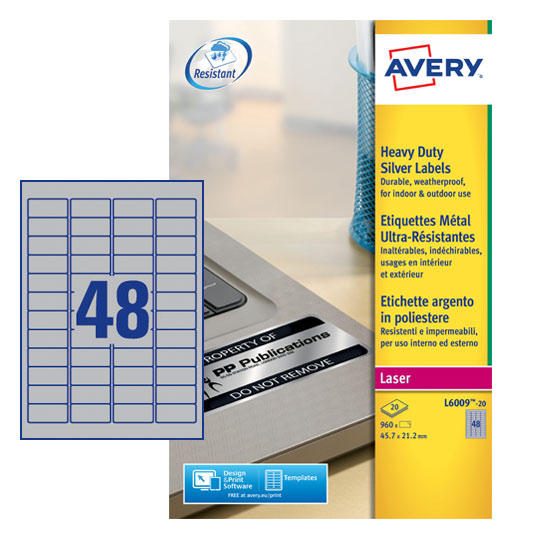 Avery Laser Heavy Duty Label 45.7x21.2mm 48 Per A4 Sheet Silver (Pack 960 Labels) L6009-20 - ONE CLICK SUPPLIES