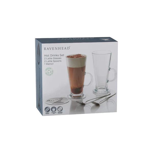 Ravenhead 5 Piece Latte/Irish Coffee Drink Set 2 Glasses, 2 Spoons and Stencil, Gift Boxed