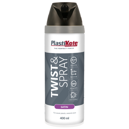 Plastikote Premium Paint Spray | Satin Finish | Black | 6 x 400ml | Coverage: 2.23m² per can