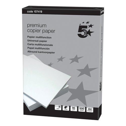 5 Star A4 Premium Copier Paper 90gsm White Ream-Wrapped (Pack of 2500) 107419