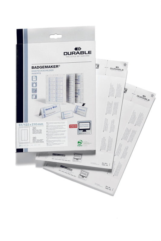 Durable Table Place Name Holder Inserts 61x210mm White (Pack 20) 146002