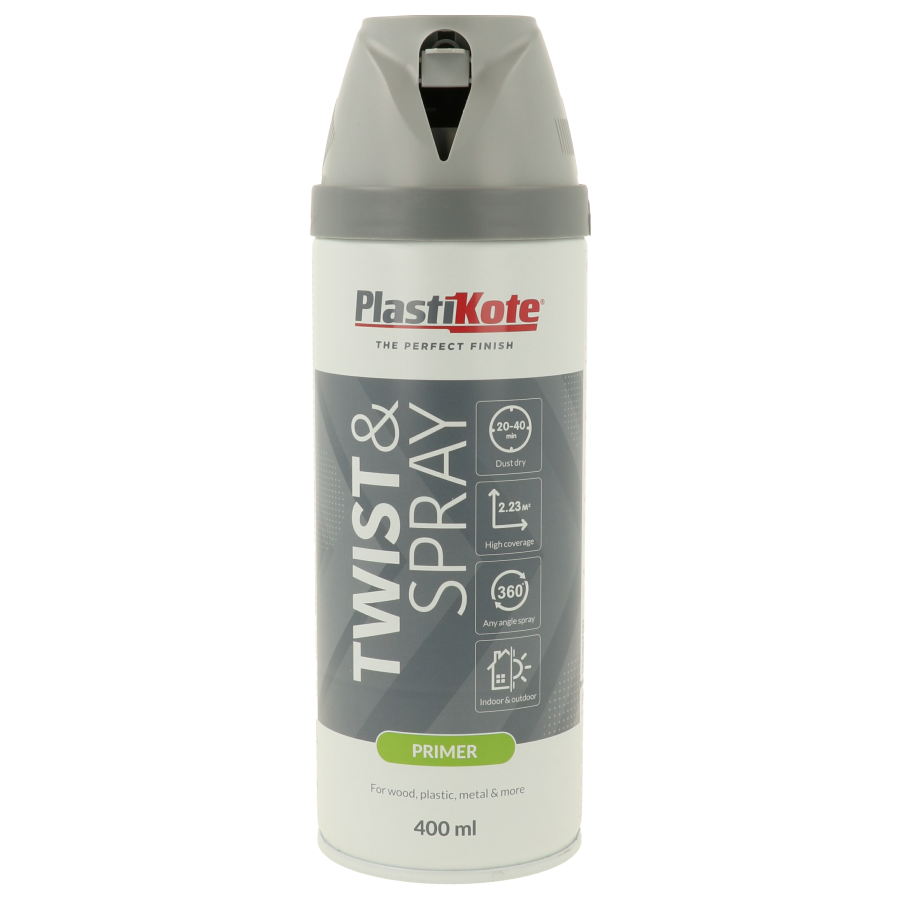 Plastikote Twist and Spray | Primer Paint | Quick Drying | Grey 400ml