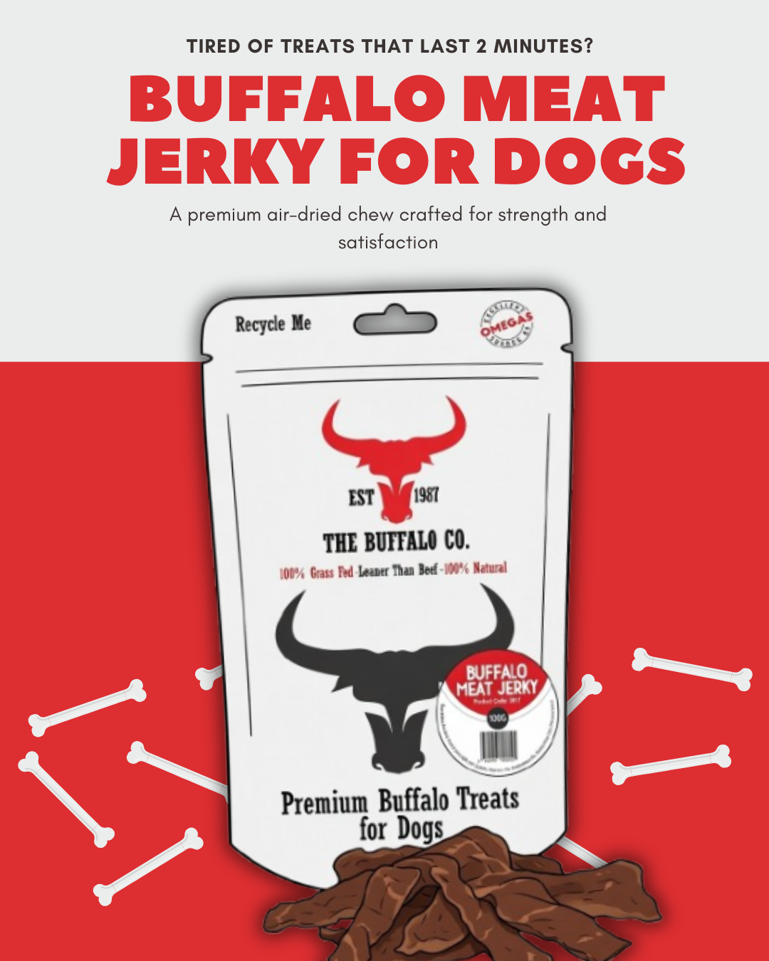 The Buffalo Co. Buffalo Meat Jerky for Dogs | 100% Natural Grass-Fed Dog Treats | 1 x 100g