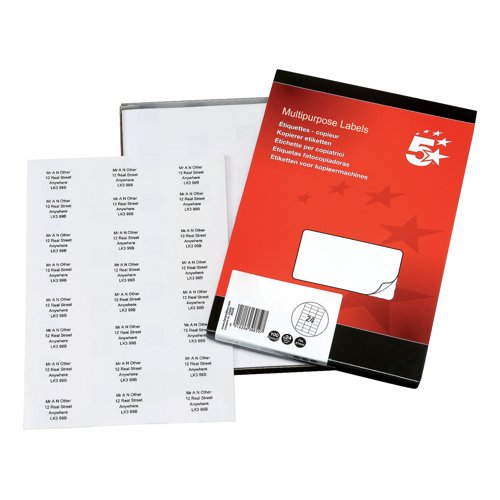 5 Star Multipurpose Labels Laser Copier Inkjet 70x37mm White (Pack of 2400) 296743