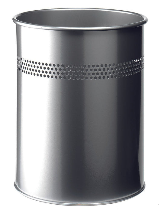 Durable Waste Bin Metal Round Perforated 15 Litre 30mm Silver 330023