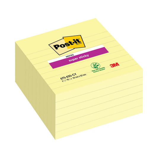 Post-It Super Sticky (101 x 101mm) Extra Large Lined Post-it Notes Canary Yellow (6 x 90 Sheets)