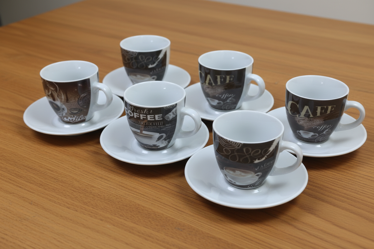 Fixtures Coffee Printed Design Espresso Cup & Saucer Set {12 Piece Set}