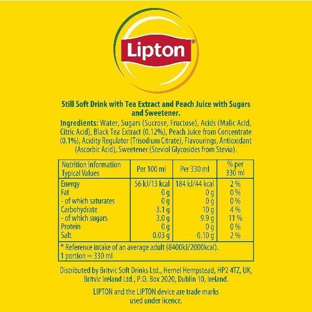 Lipton Peach Ice Tea | 330ml Can| 24 x 330ml Pack | Low calorie soft drink, 100% black tea extract.