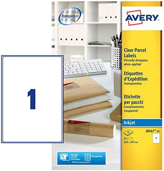 Avery Clear Inkjet Labels 210x297mm J8567-25 (Pack of 25 Labels)