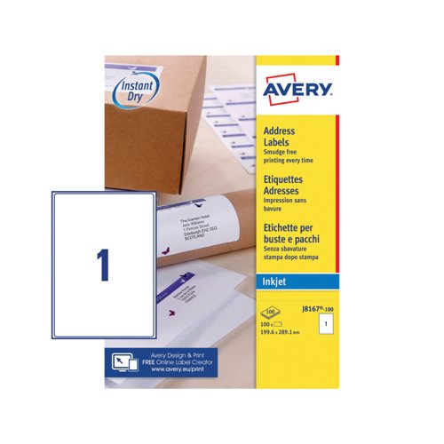 Avery Inkjet Label 199.6x289.1mm 1 Per Sheet Wht (Pack of 100) J8167-100