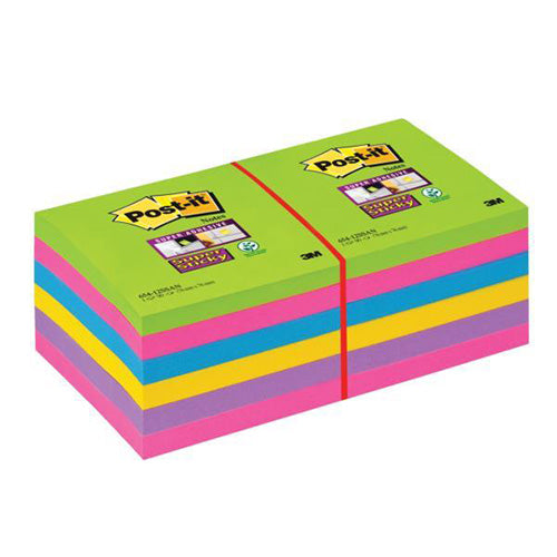 Post-it Super Sticky Notes 76x76mm 90 Sheets Assorted (Pack of 12) 654-12SSUC