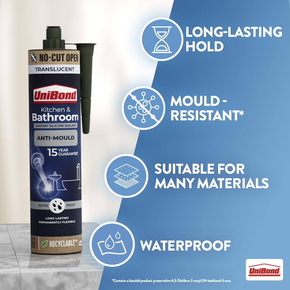 UniBond Kitchen and Bathroom Mould-Resistant, Translucent Silicone Sealant | 1 x 280ml Cartridge