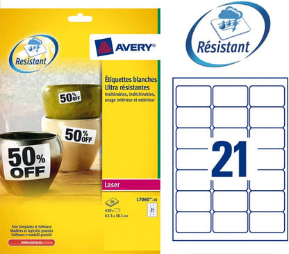 Avery Heavy Duty Labels Laser 21 per Sheet 63.5x38.1mm White Ref L7060-20 [420 Labels]