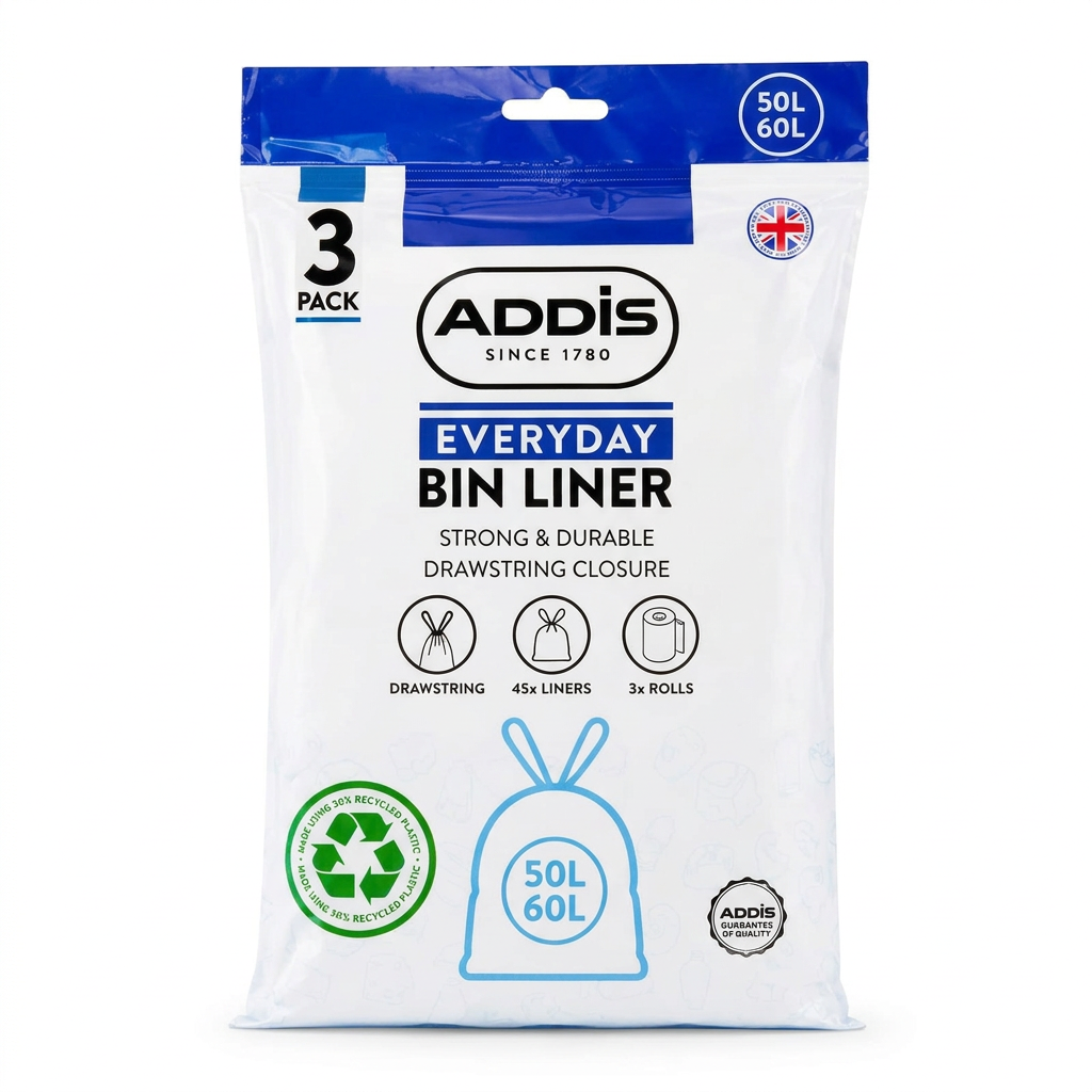 Addis 50–60L Kitchen Bin Liners, Strong Drawstring Bin Bags, 45 Bags