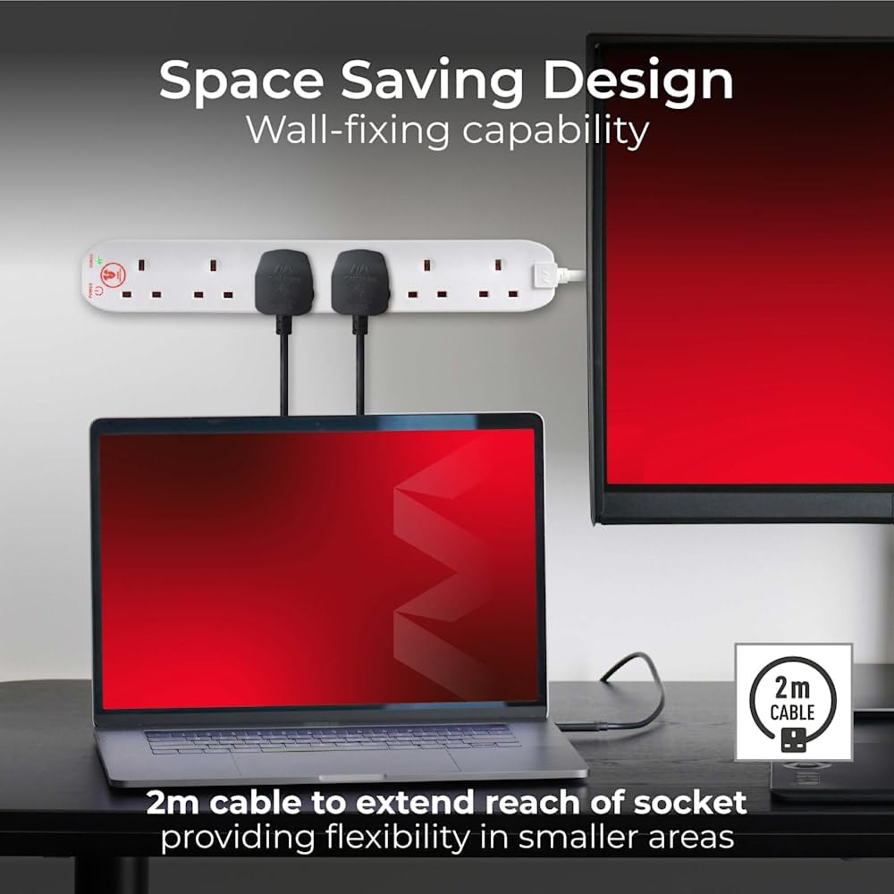 Masterplug Six Socket Power Surge Protected Extension Lead, 2 Metres, White