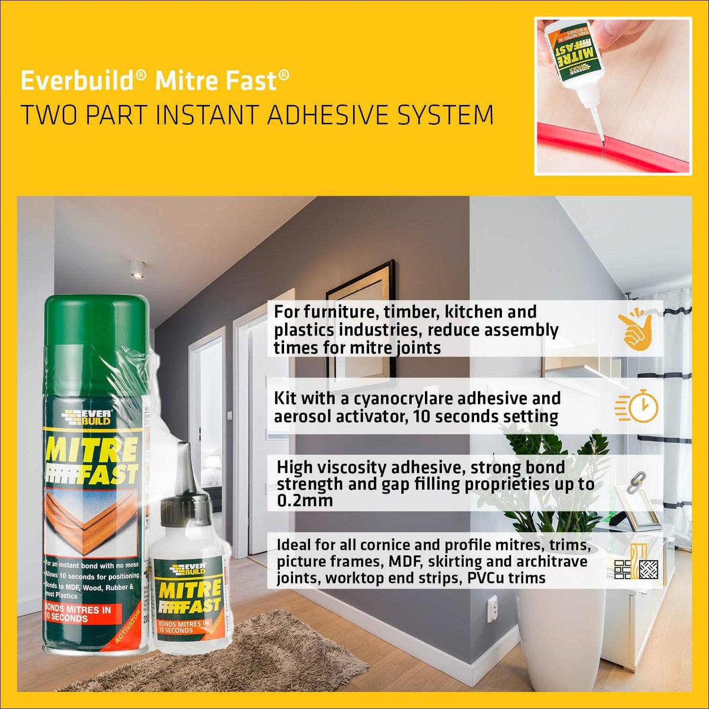 Everbuild Mitre Fast Two Part Instant Bonding Kit, 50g Adhesive & 200ml Activator.