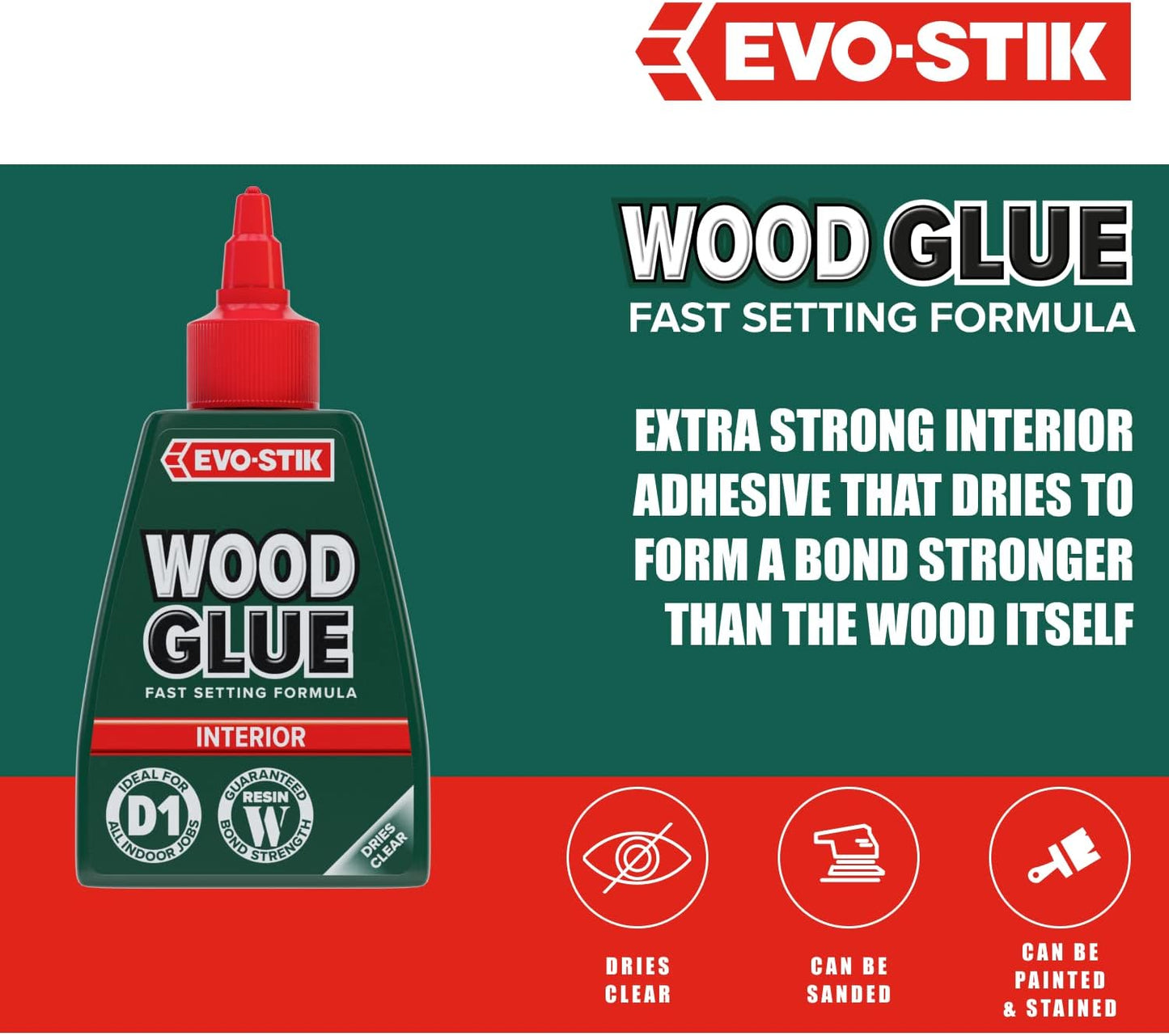 EVO-STIK Wood Glue | Interior | Extra Strong | Fast Setting | Dries Clear | 1 x 1000ml
