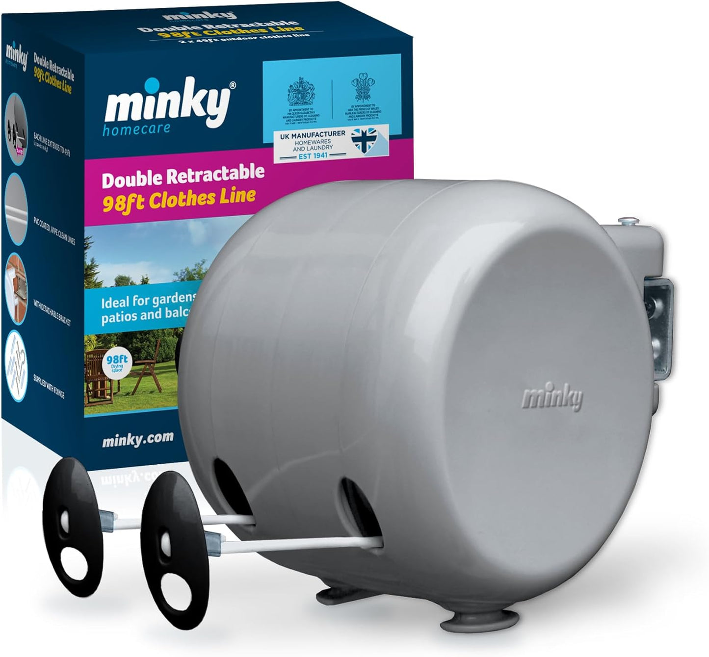Minky Double Retractable Washing Line 30m | Grey Branded | 2 X 15m/95ft Drying Space