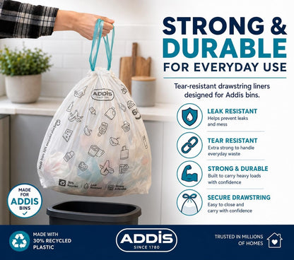 Addis 50–60L Bin Liners with Drawstring | 1 x Roll 15 Bags