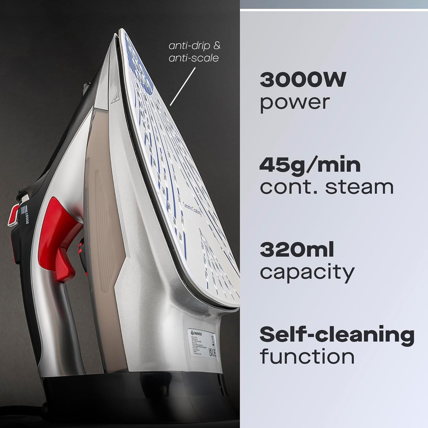 Daewoo Glide Steam Iron |  The Power Glide | 3000w | Black and Grey