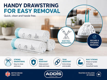 Addis 50–60L Bin Liners with Drawstring | 1 x Roll 15 Bags