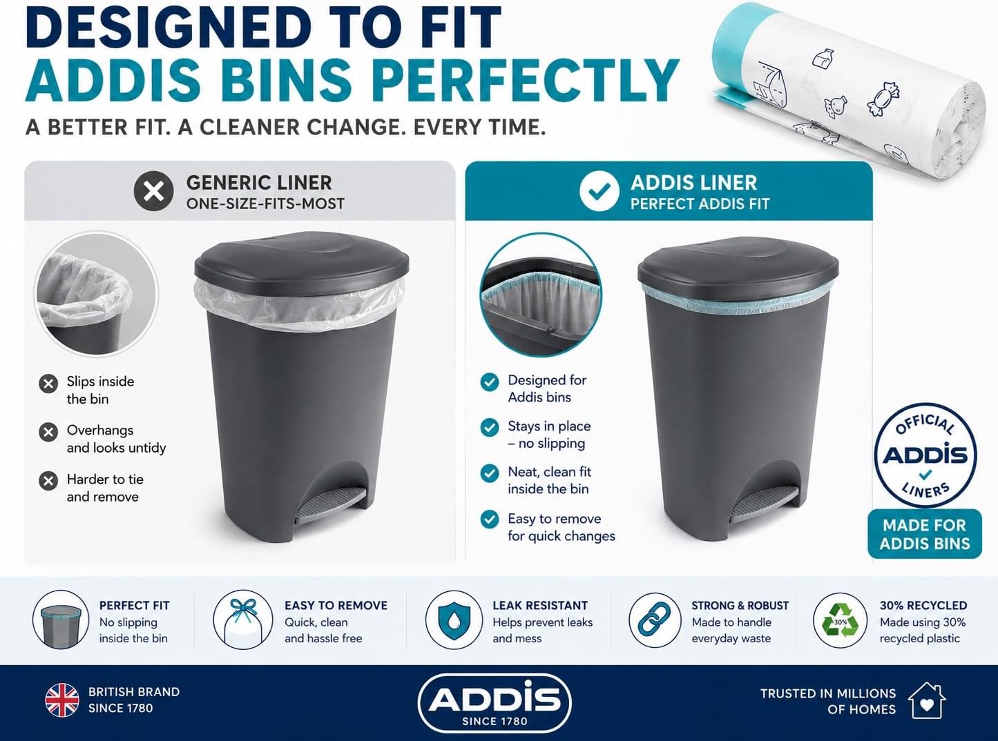 Addis 50–60L Bin Liners with Drawstring | 1 x Roll 15 Bags