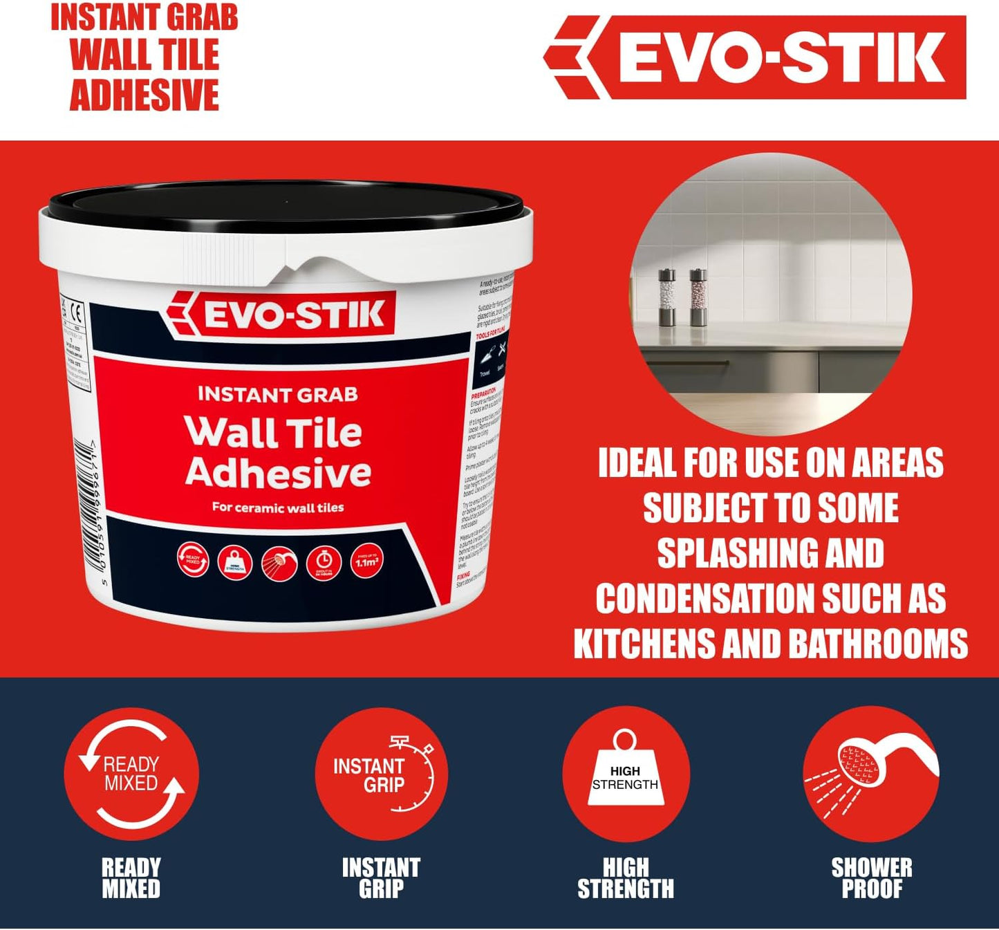 Evo-Stik Wall Tile Adhesive | Instant Grab | Multi Surface| 10L Tub