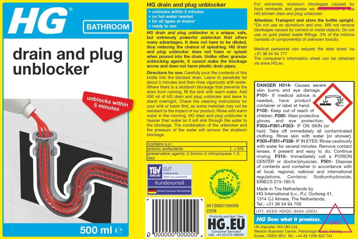 HG Drain & Plug Unblocker, Effectively Removes Blockages & Cleans Blocked Drains 500ml