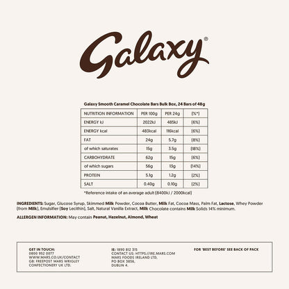 Galaxy Smooth Caramel & Milk Chocolate Bar, 24 Bars of 48g