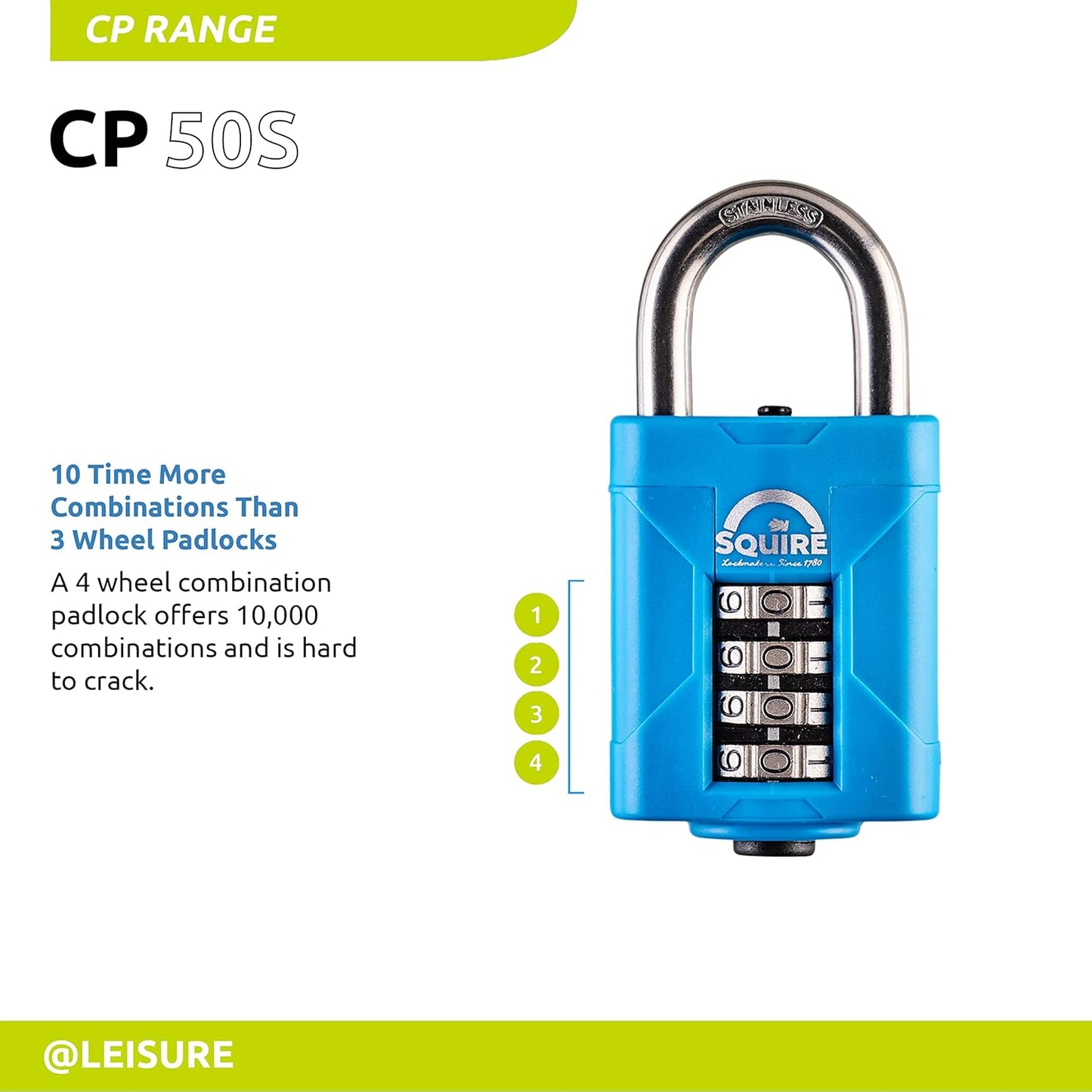Henry Squire 4 Wheel Heavy-Duty Rustproof Combination Padlock, 50 Mm (Length)