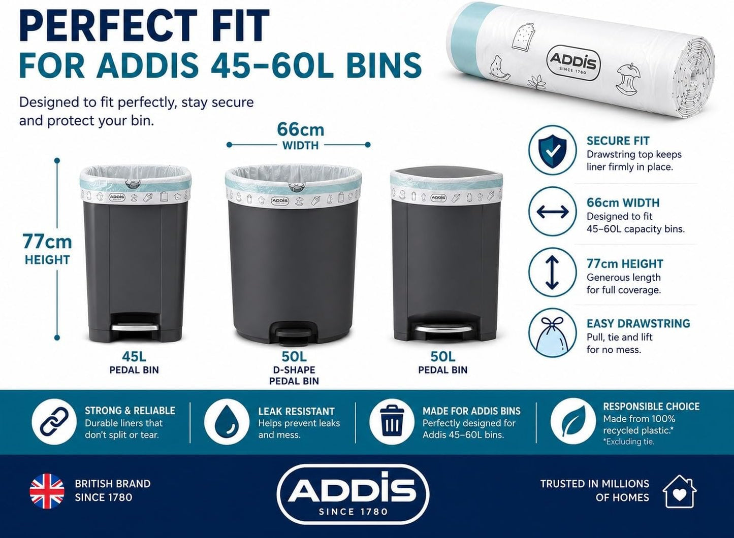 Addis 50–60L Bin Liners with Drawstring | 1 x Roll 15 Bags